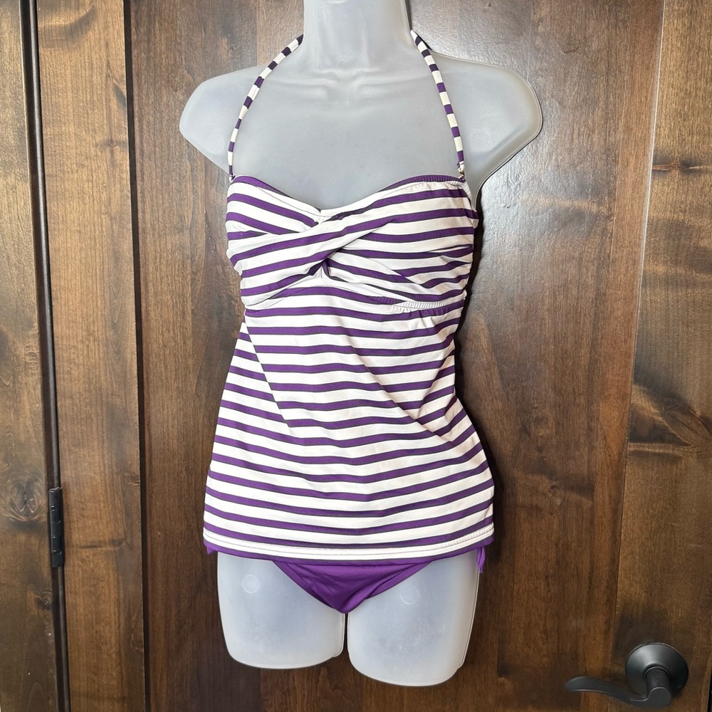 Mossimo Size L Purple and White Striped halter tankini removable strap bandeau